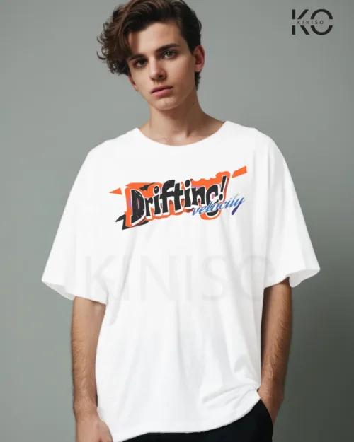 Image of White color drop shoulder t-shirt with Brooklyn Racing Drifting Print for men at reasonable price
